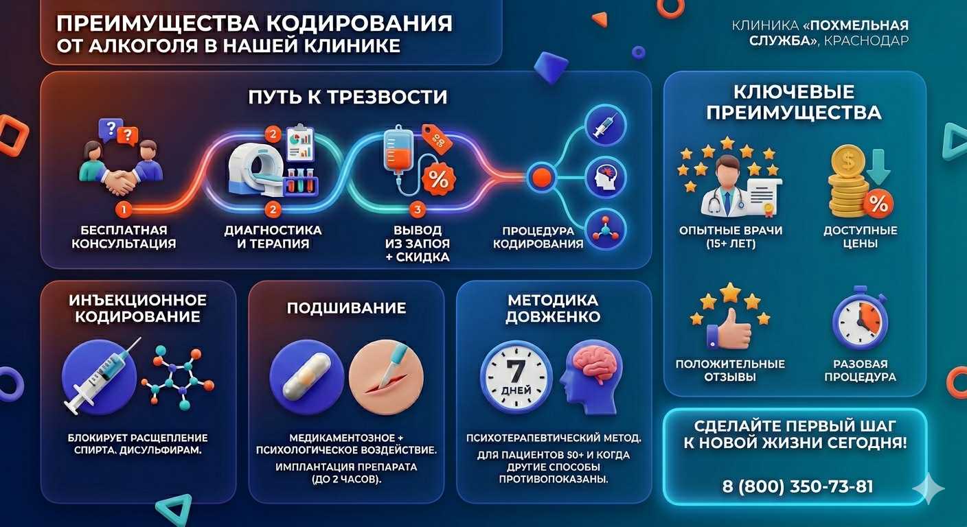 Инфографика о методах кодирования от алкоголя в Скадовске: инъекции, подшивание, метод Довженко. Преимущества клиники и этапы лечения.
